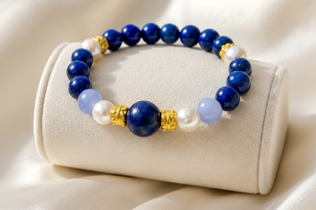 Capri Lapis, Pearl & Blue Lace Vermeil Bracelet | Coastal Luxury Bracelet