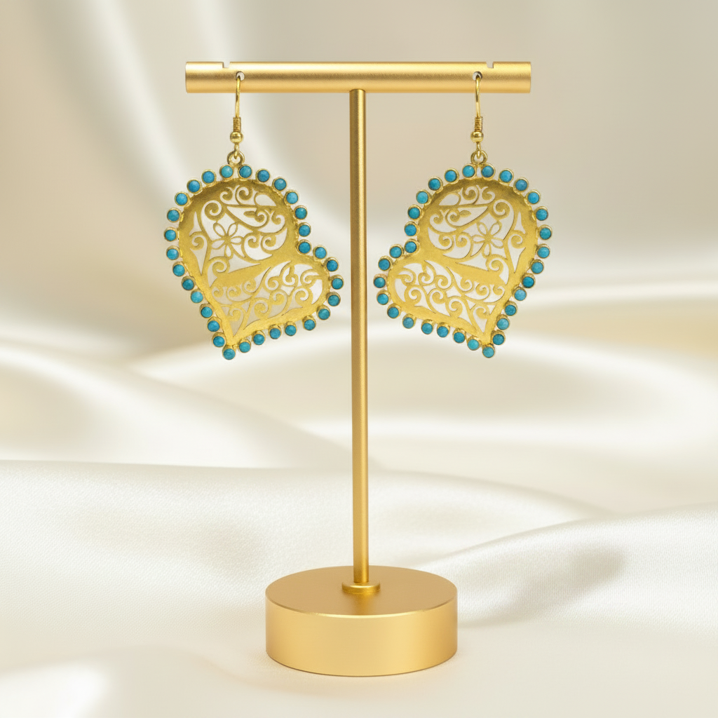 Heart-Shaped
Turquoise & 22k Gold Vermeil Filigree Statement Earrings