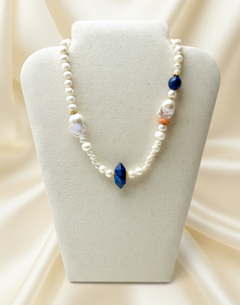 Capri Lapis Lazuli, Freshwater Pearl & Coral Statement Necklace | One-of-a-Kind Luxury Pearl Necklace