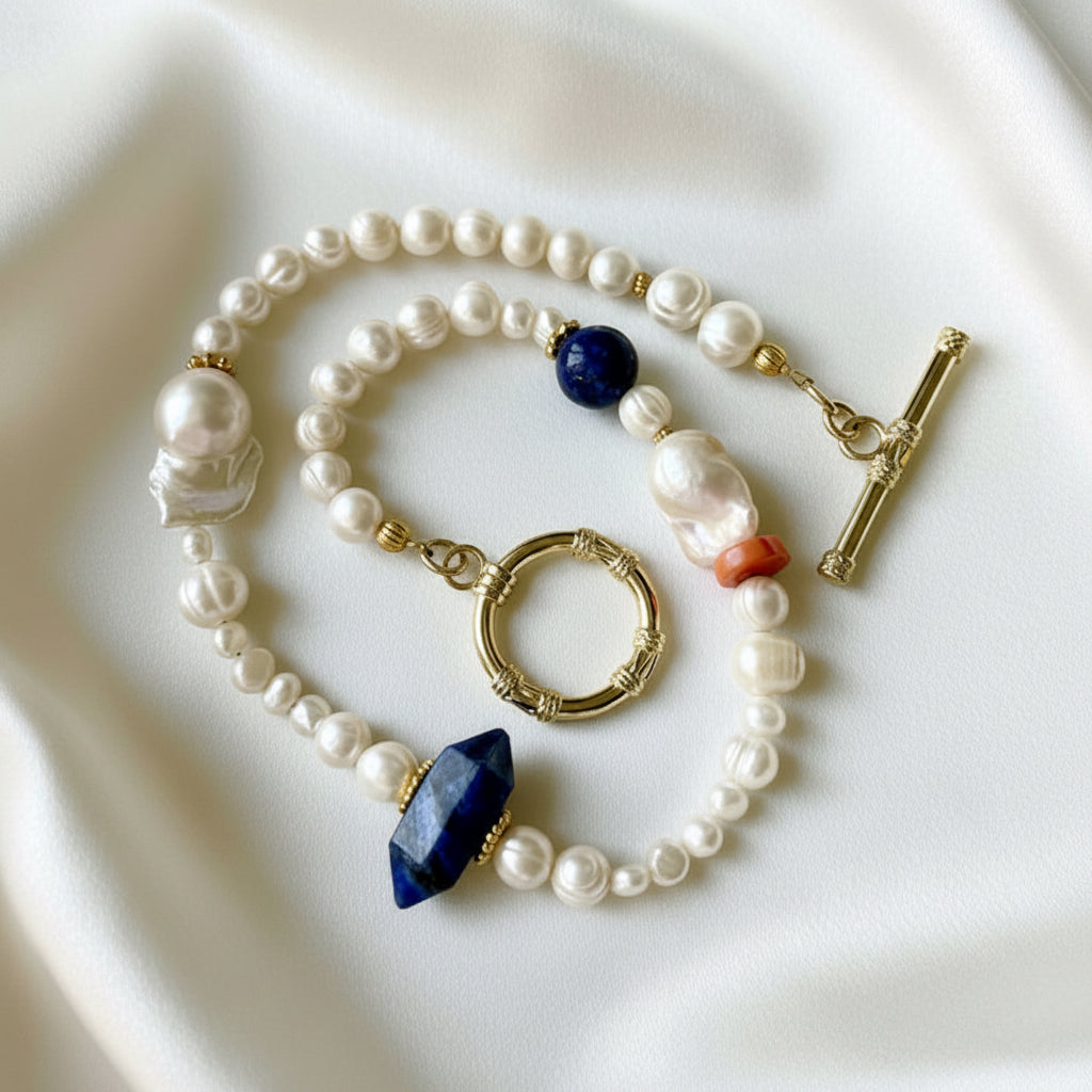 Capri Lapis Lazuli, Freshwater Pearl & Coral Statement Necklace | One-of-a-Kind Luxury Pearl Necklace
