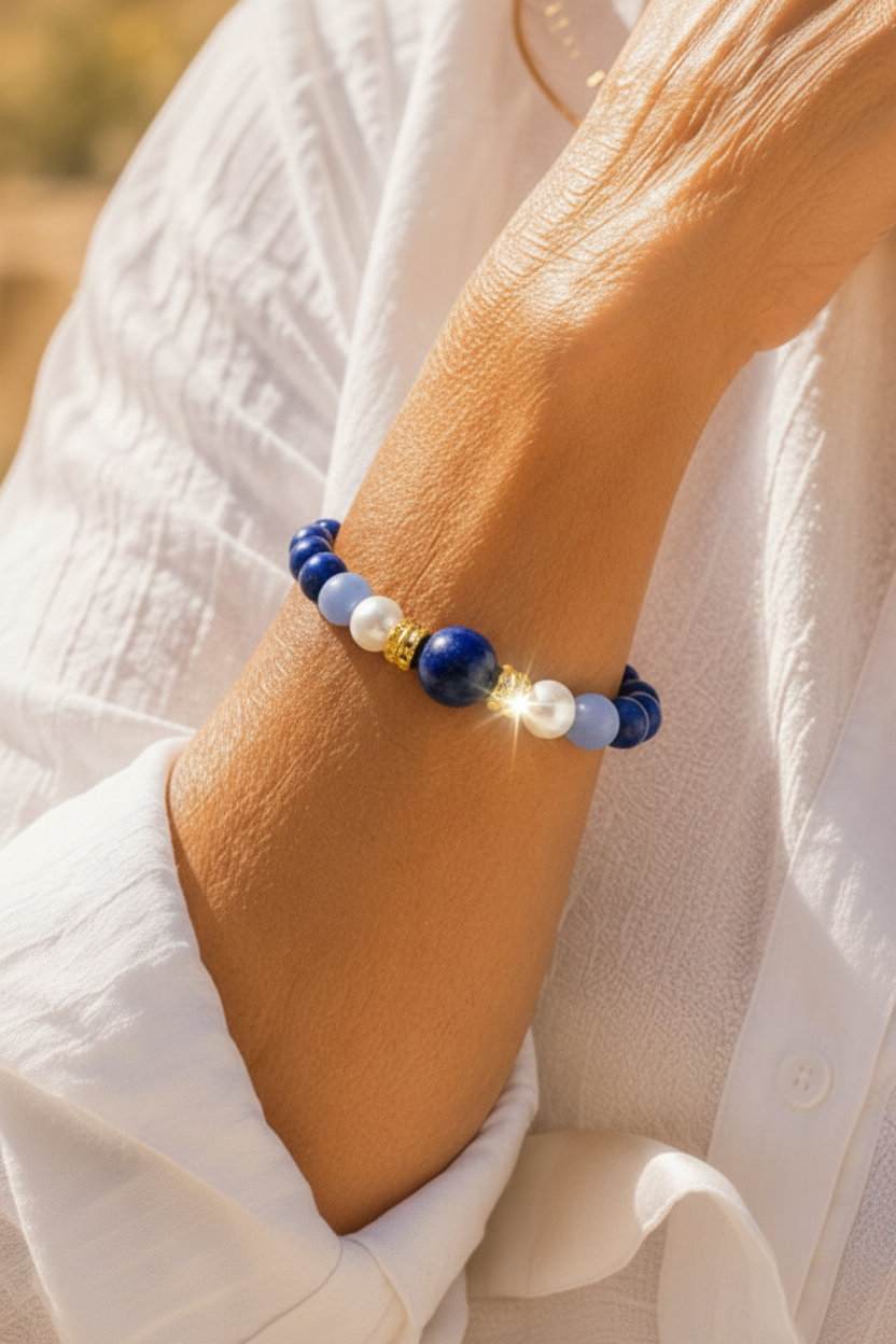 Capri Lapis, Pearl & Blue Lace Vermeil Bracelet | Coastal Luxury Bracelet