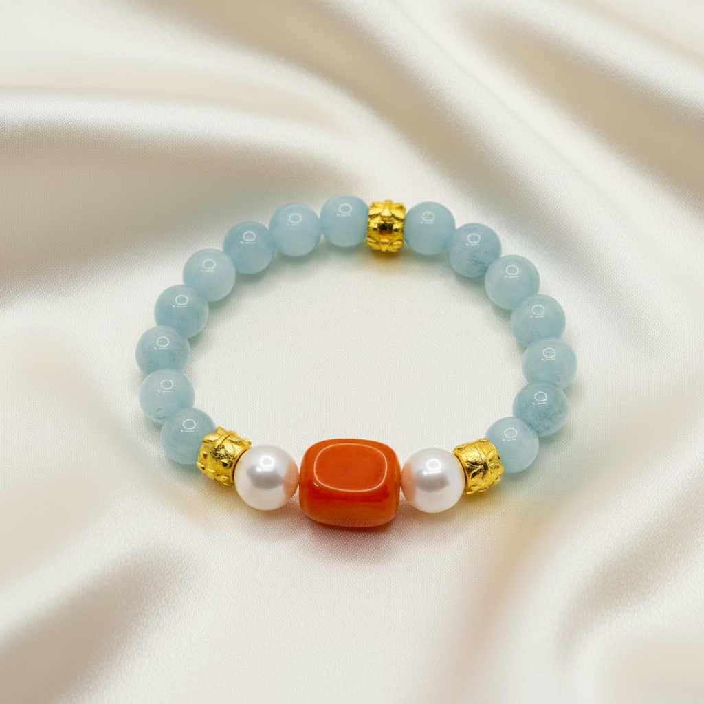 Amalfi Aquamarine, Carnelian & Pearl Stretch Bracelet