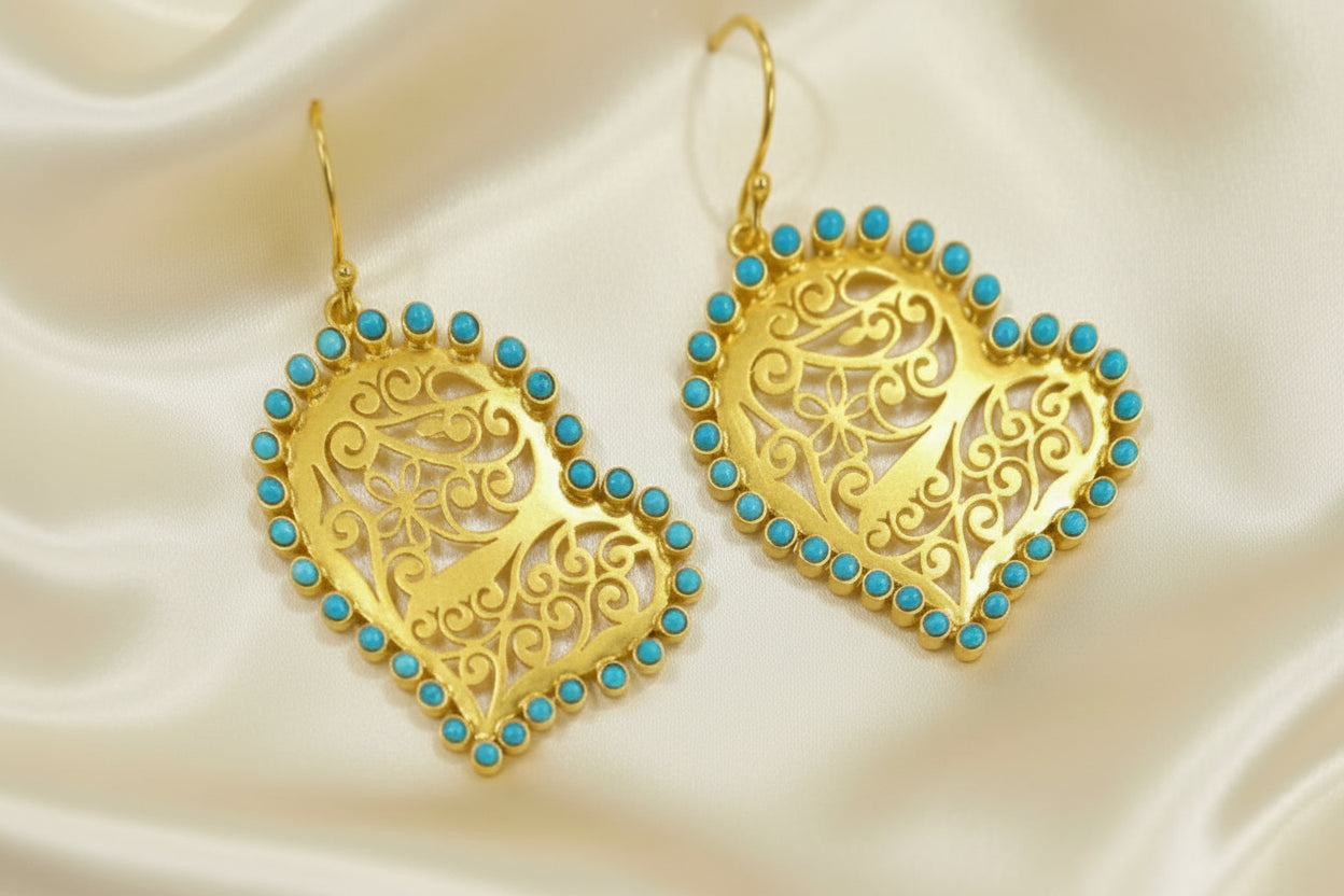 Heart-Shaped
Turquoise & 22k Gold Vermeil Filigree Statement Earrings