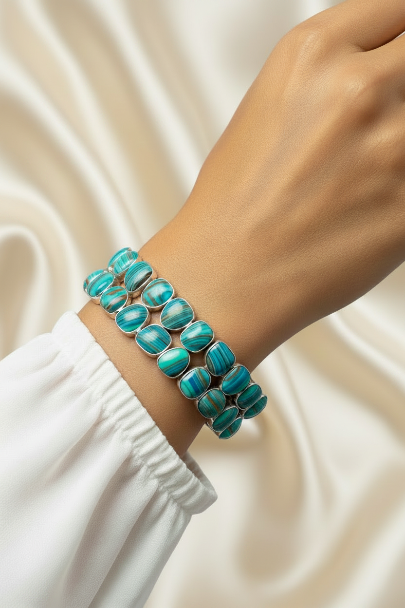 Capri Rainbow Calsilica Sterling Silver Statement Bracelet | One-of-a-Kind Luxury Bracelet