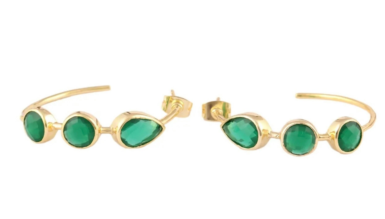 Quartz Gemstone Gold Hoop Earrings - Swiss Blue, Emerald & Blue Iolite Quartz - 14k Gold Plated 1.25”
