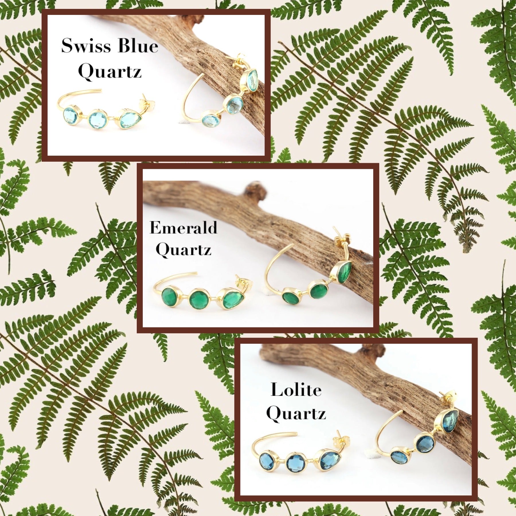 Quartz Gemstone Gold Hoop Earrings - Swiss Blue, Emerald & Blue Iolite Quartz - 14k Gold Plated 1.25”