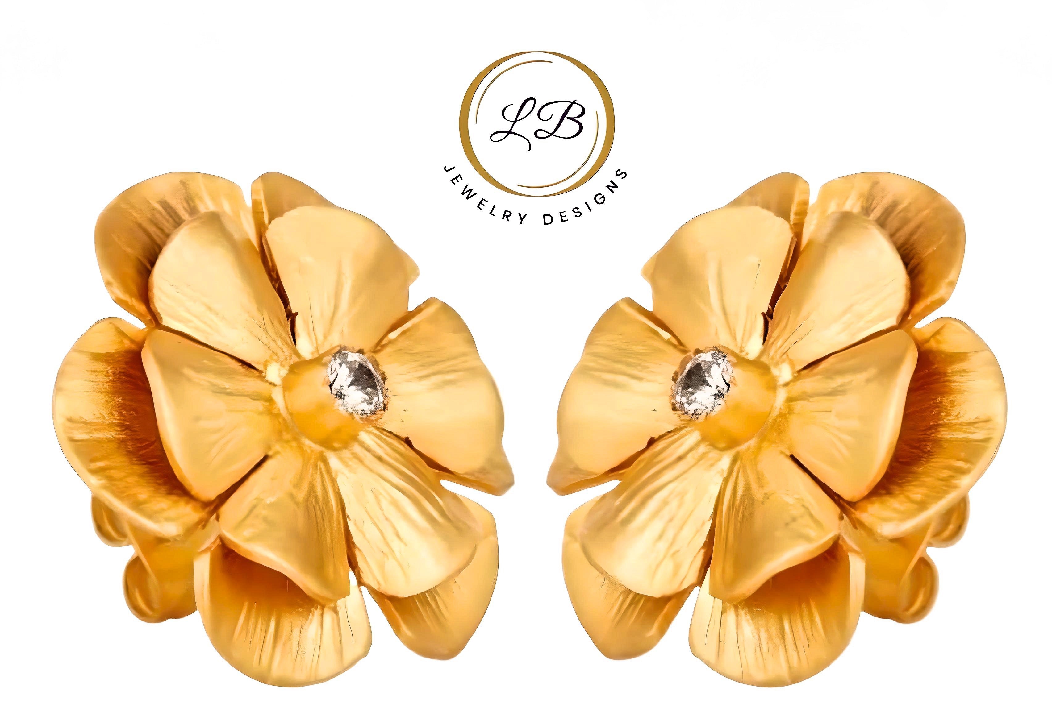 White Topaz 22k Gold Flower Statement Earrings 1”