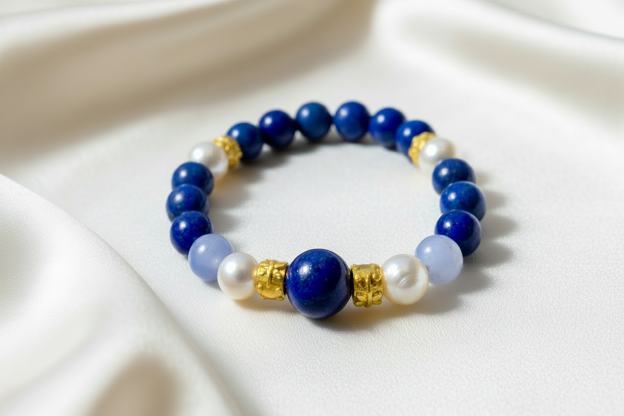 Capri Lapis, Pearl & Blue Lace Vermeil Bracelet | Coastal Luxury Bracelet